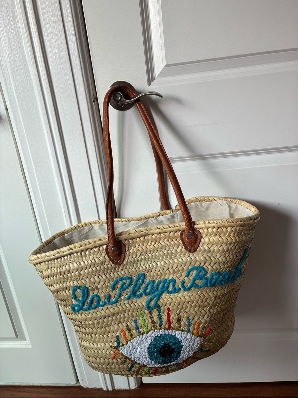 Handwoven Straw Tote in Natural with Turquoise Embroidery